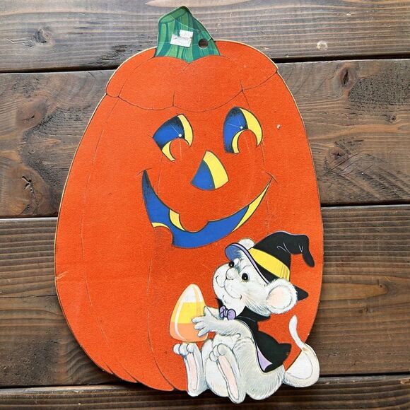 Vtg Halloween Die‎ Cut Flocked Pumpkin With Mouse Candy Corn Paper Decoration - Picture 1 of 8